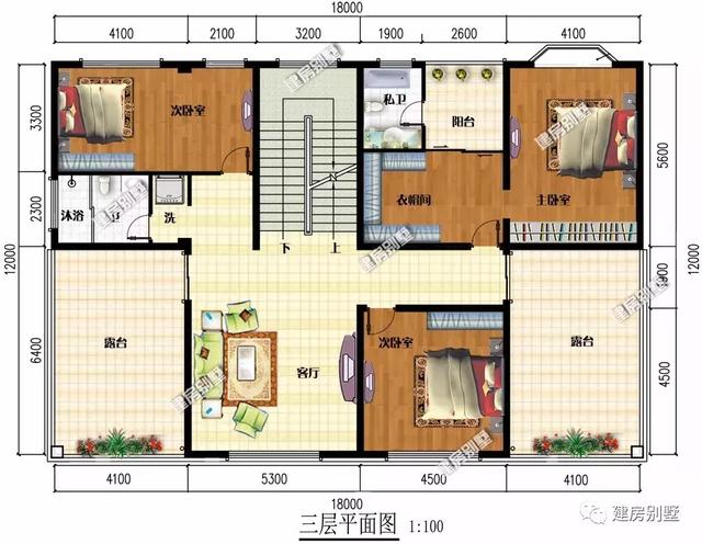 18米×12米平屋頂三層別墅設計圖，帶堂屋和雙露臺，簡約又實用，適合大家庭居住。