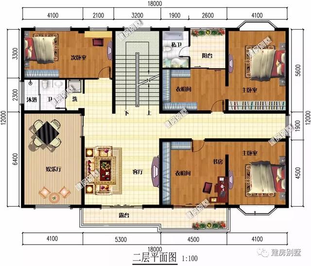 18米×12米平屋頂三層別墅設計圖，帶堂屋和雙露臺，簡約又實用，適合大家庭居住。
