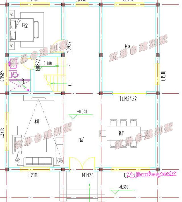 三層小洋樓別墅設計圖，旋轉樓梯車庫露臺，面寬11米。