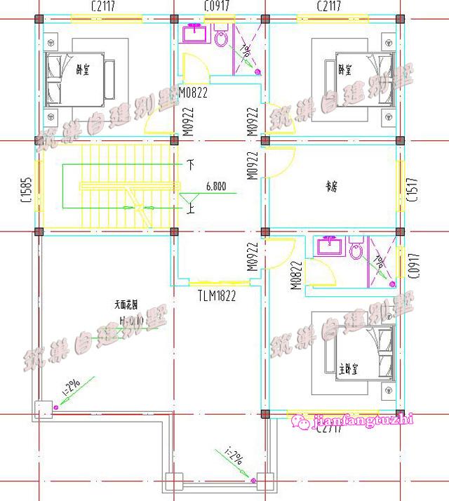 三層小洋樓別墅設計圖，旋轉樓梯車庫露臺，面寬11米。