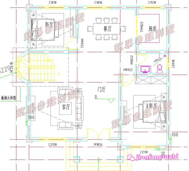 三層小洋樓別墅設計圖，旋轉樓梯車庫露臺，面寬11米。