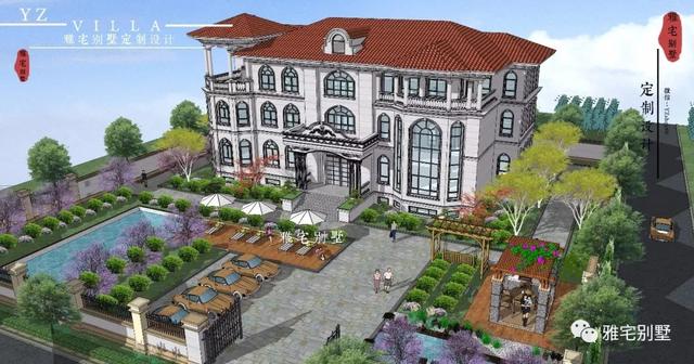 三層千平歐式豪華別墅設計圖，挑空客廳，頂層八角涼亭。