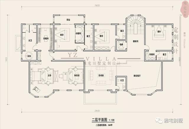 三層千平歐式豪華別墅設計圖，挑空客廳，頂層八角涼亭。