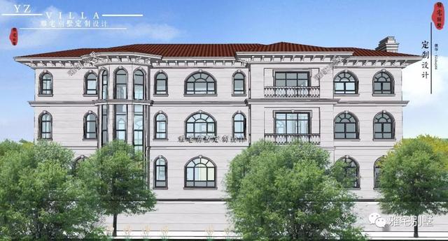 三層千平歐式豪華別墅設計圖，挑空客廳，頂層八角涼亭。