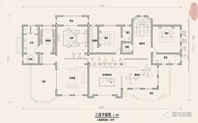 三層千平歐式豪華別墅設計圖，挑空客廳，頂層八角涼亭。