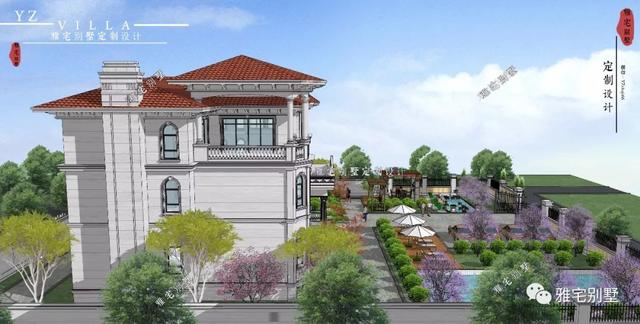 三層千平歐式豪華別墅設計圖，挑空客廳，頂層八角涼亭。