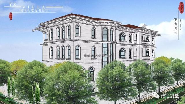 三層千平歐式豪華別墅設計圖，挑空客廳，頂層八角涼亭。