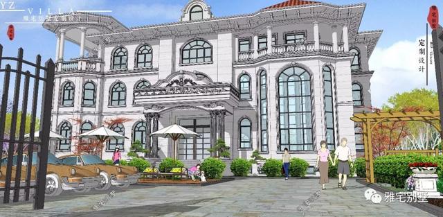 三層千平歐式豪華別墅設計圖，挑空客廳，頂層八角涼亭。