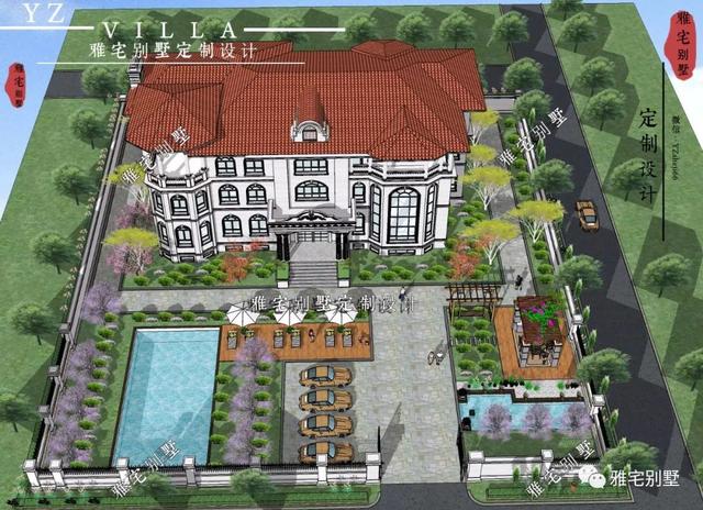 三層千平歐式豪華別墅設計圖，挑空客廳，頂層八角涼亭。