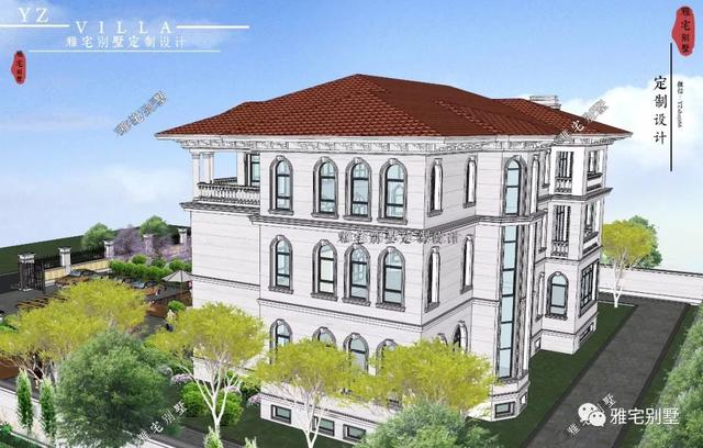 三層千平歐式豪華別墅設計圖，挑空客廳，頂層八角涼亭。