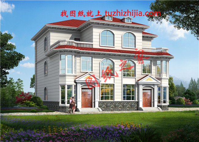 農村三層雙拼別墅戶型圖設計圖，整體外觀氣派