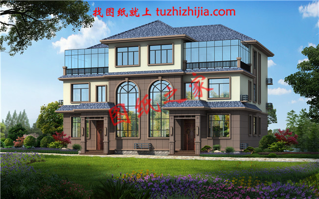 農村三層雙拼別墅戶型圖及全套施工圖紙,帶書房,帶衣帽間