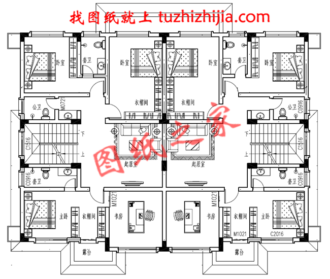 農村三層雙拼別墅戶型圖及全套施工圖紙,帶書房,帶衣帽間