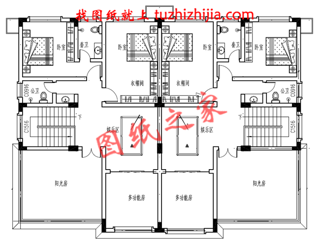 農村三層雙拼別墅戶型圖及全套施工圖紙,帶書房,帶衣帽間