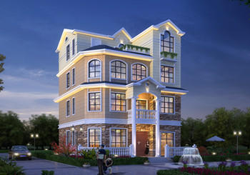 農村四層樓房外形設計圖，主臥配有陽臺和衣帽間還有衛生間