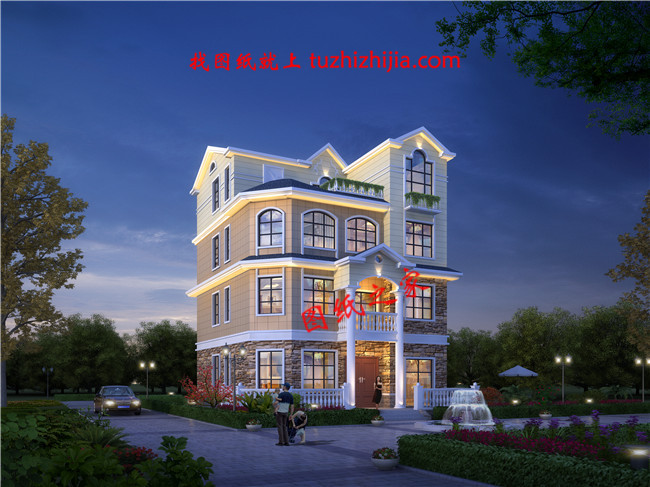 農村四層樓房外形設計圖，主臥配有陽臺和衣帽間還有衛生間