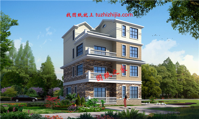 農村四層樓房外形設計圖，主臥配有陽臺和衣帽間還有衛生間