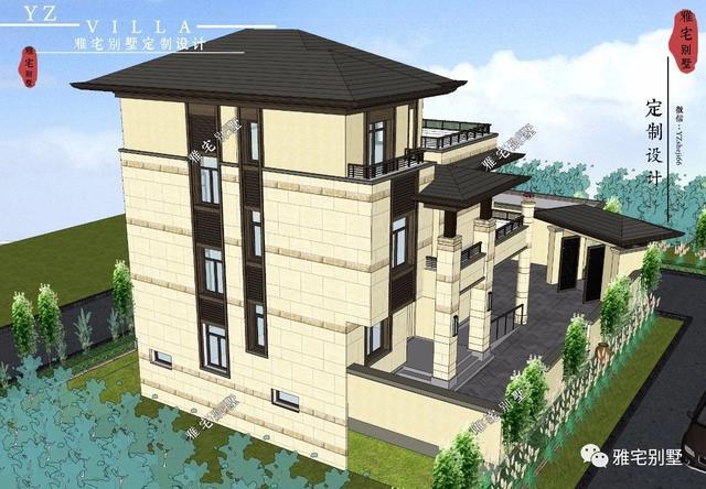 帶地下室的農(nóng)村三層新中式別墅設(shè)計圖，挑空客廳，大露臺設(shè)計。