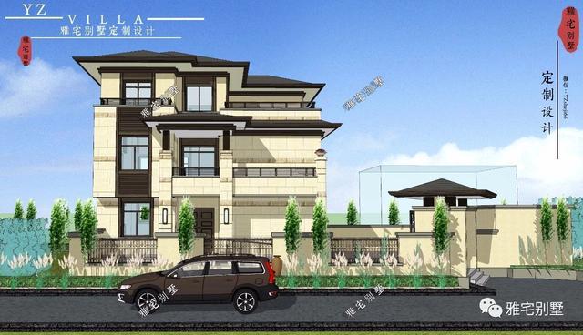 帶地下室的農(nóng)村三層新中式別墅設(shè)計圖，挑空客廳，大露臺設(shè)計。