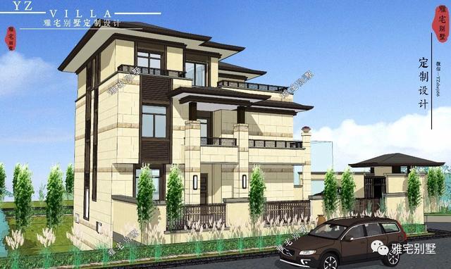 帶地下室的農(nóng)村三層新中式別墅設(shè)計圖，挑空客廳，大露臺設(shè)計。