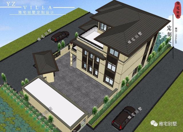 帶地下室的農(nóng)村三層新中式別墅設(shè)計圖，挑空客廳，大露臺設(shè)計。