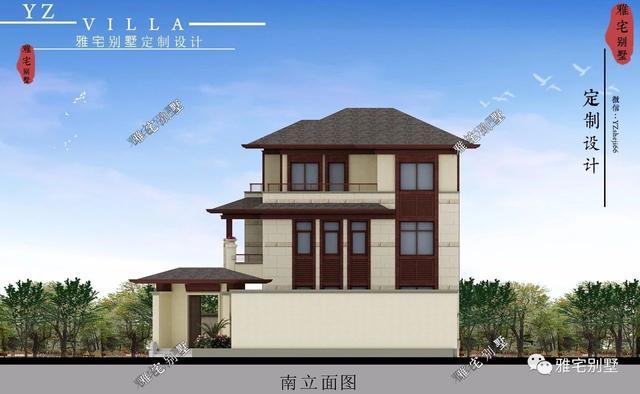 帶地下室的農(nóng)村三層新中式別墅設(shè)計圖，挑空客廳，大露臺設(shè)計。