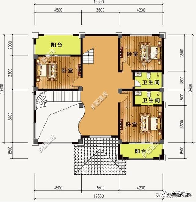 12.3X10.4米三層歐式樓房設計圖，超大落地窗戶挑空大客廳+大露臺！