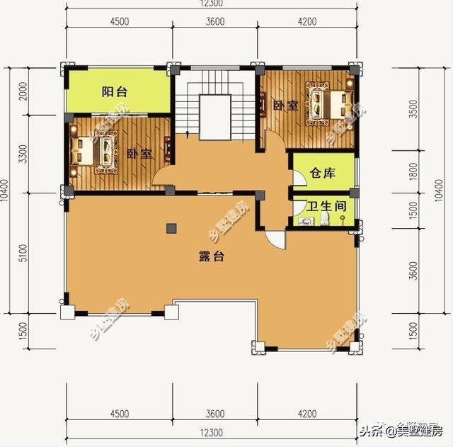 12.3X10.4米三層歐式樓房設計圖，超大落地窗戶挑空大客廳+大露臺！