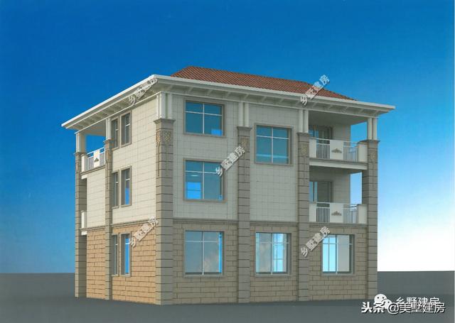 12.3X10.4米三層歐式樓房設計圖，超大落地窗戶挑空大客廳+大露臺！