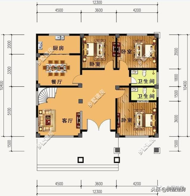 12.3X10.4米三層歐式樓房設計圖，超大落地窗戶挑空大客廳+大露臺！