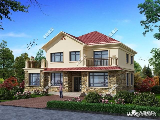 15.5×12米農村二層經典小樓設計圖，時尚的文化石外墻搭配紅色的琉璃瓦，美好鄉村生活從這里開始。