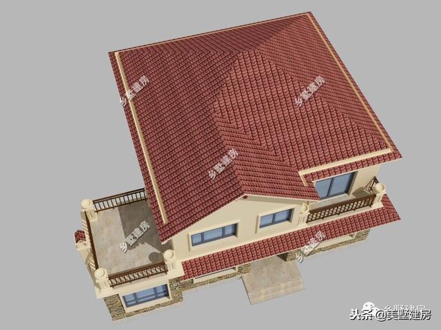 15.5×12米農村二層經典小樓設計圖，時尚的文化石外墻搭配紅色的琉璃瓦，美好鄉村生活從這里開始。