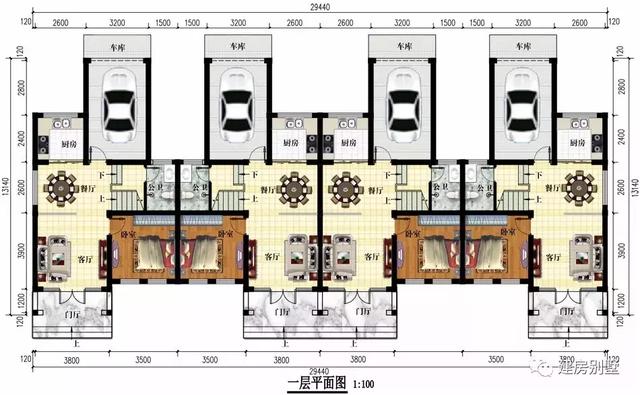 時尚簡約新中式風格設計圖，一排住四戶，29.4×13.1米。