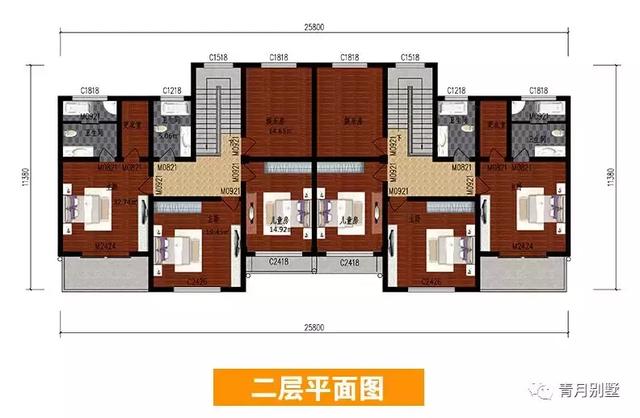 二層雙拼小別墅設計圖，開間25.8米×11米，簡單大氣，主體造價70萬