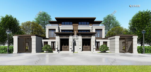 新中式的雙拼別墅設計圖，建筑造型盡顯高端，兄弟這樣建房才叫豪宅。