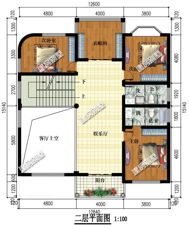 三層別墅設計圖，12.8x15.1帶架空層，室外樓梯全村第一家！