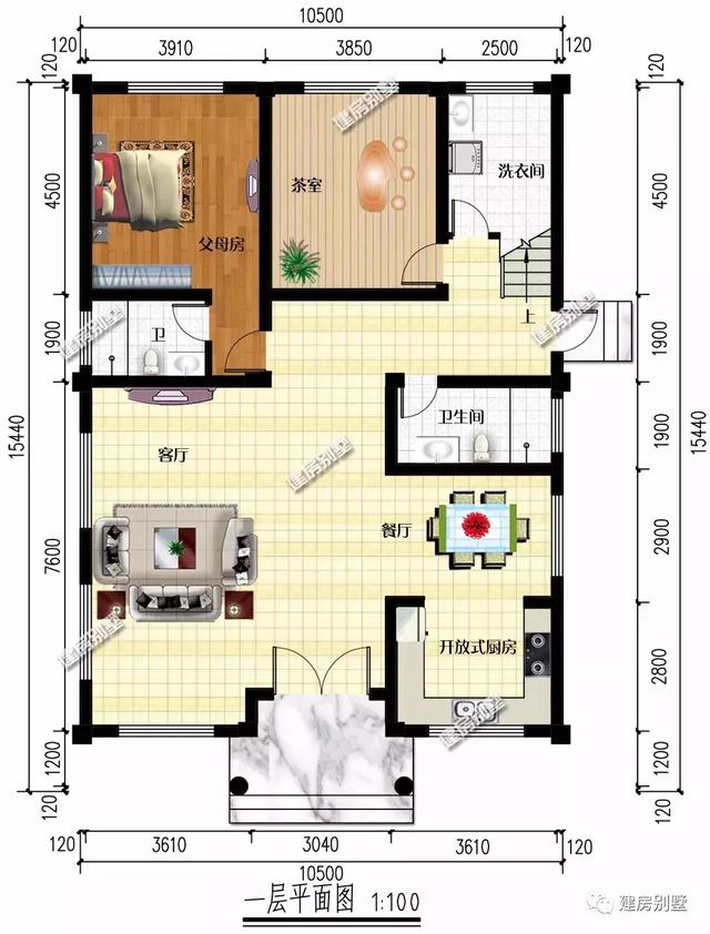 四層農村別墅設計圖，10.5×15.4米，配落地窗和大露臺，美觀實用