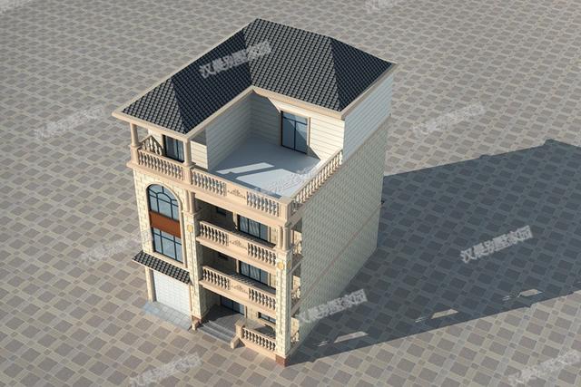 一側(cè)無窗的農(nóng)村四層別墅設(shè)計圖，帶車庫和大露臺，漂亮極了。