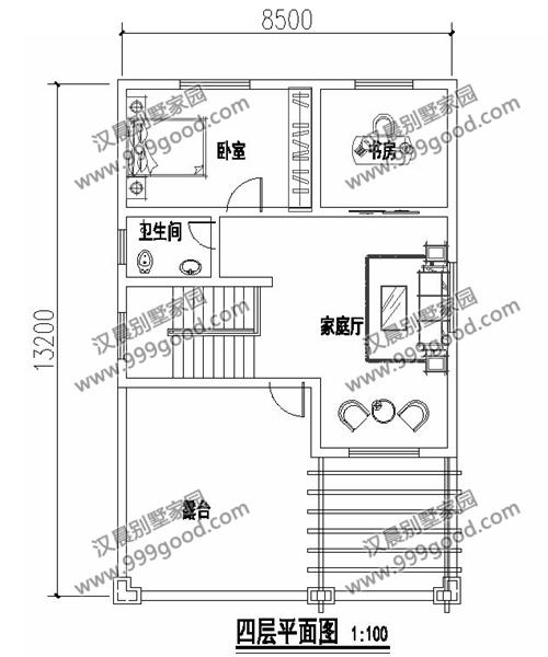 一側(cè)無窗的農(nóng)村四層別墅設(shè)計圖，帶車庫和大露臺，漂亮極了。
