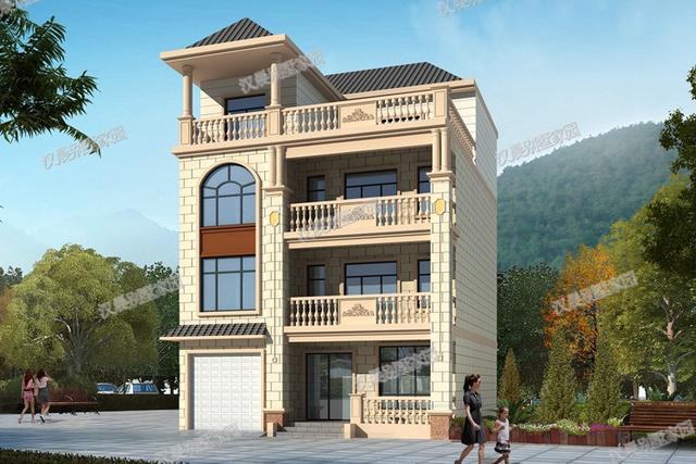 一側(cè)無窗的農(nóng)村四層別墅設(shè)計圖，帶車庫和大露臺，漂亮極了。