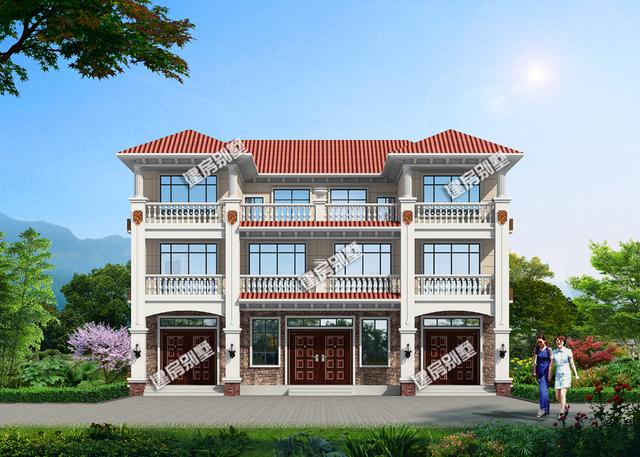 占地230平三層雙拼別墅設(shè)計(jì)圖，共用超大空間堂屋，單戶8間臥室。