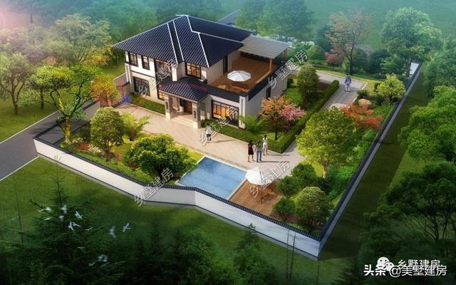 占地213平農村二層小樓設計圖，帶露天泳池和大露臺，這樣的設計人人都喜歡。