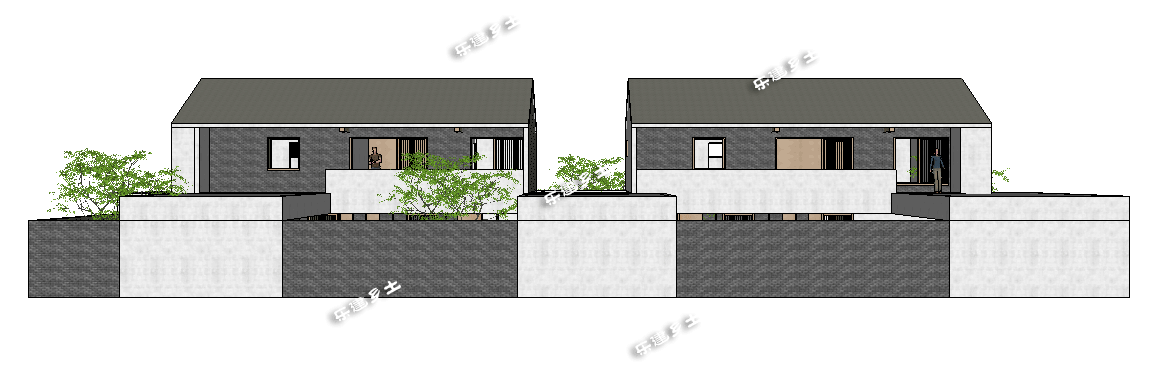 簡約現代二層住宅設計圖，造型端莊質樸，多露臺，多庭院