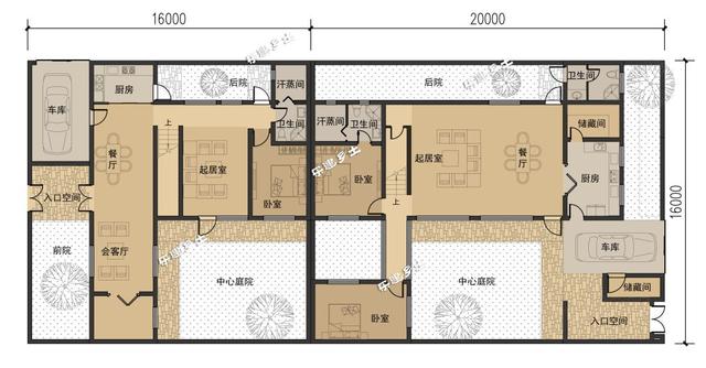 簡約現代二層住宅設計圖，造型端莊質樸，多露臺，多庭院