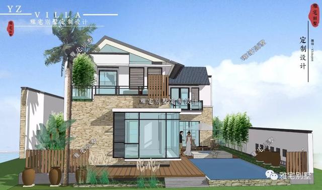 130平兩層新中式度假別墅設計圖，帶庭院泳池露臺。