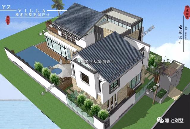 130平兩層新中式度假別墅設計圖，帶庭院泳池露臺。