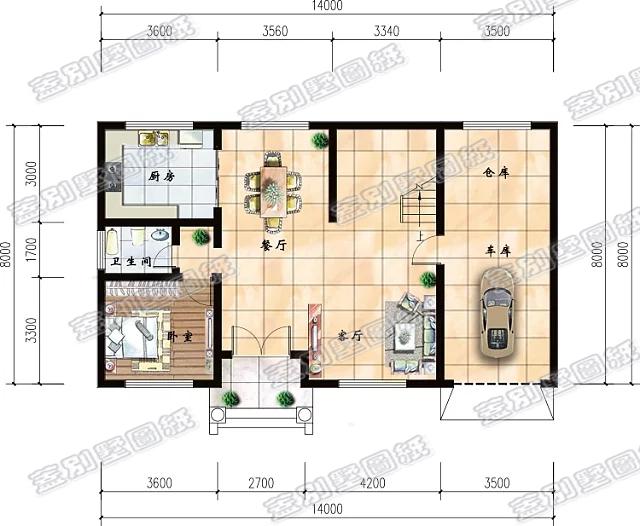 14米x8米三層別墅設計圖，帶雙露臺和車庫，設計簡單實用，適合農村自建
