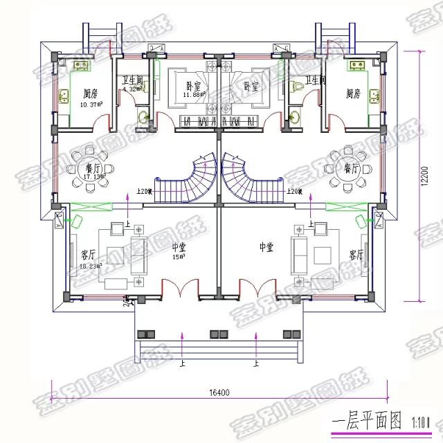 37萬二層雙拼別墅設計圖，單戶帶4臥，適合農村兩兄弟建造。
