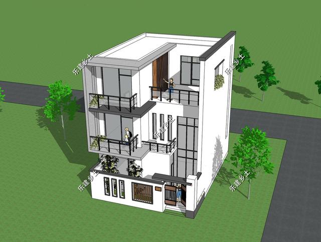 占地72平的三層純白現代別墅圖，外觀錯落有致，簡潔大方，現代感十足。