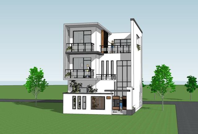 占地72平的三層純白現代別墅圖，外觀錯落有致，簡潔大方，現代感十足。